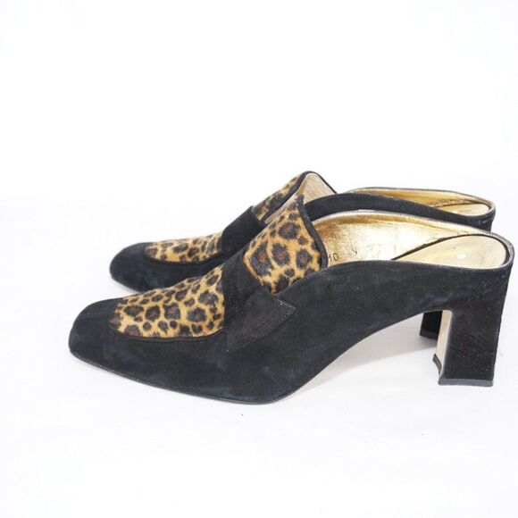 Timothy Hitsman Vintage Black & Leopard Print Suede Kitten Heeled Mules, Size 10 - Picture 6 of 6